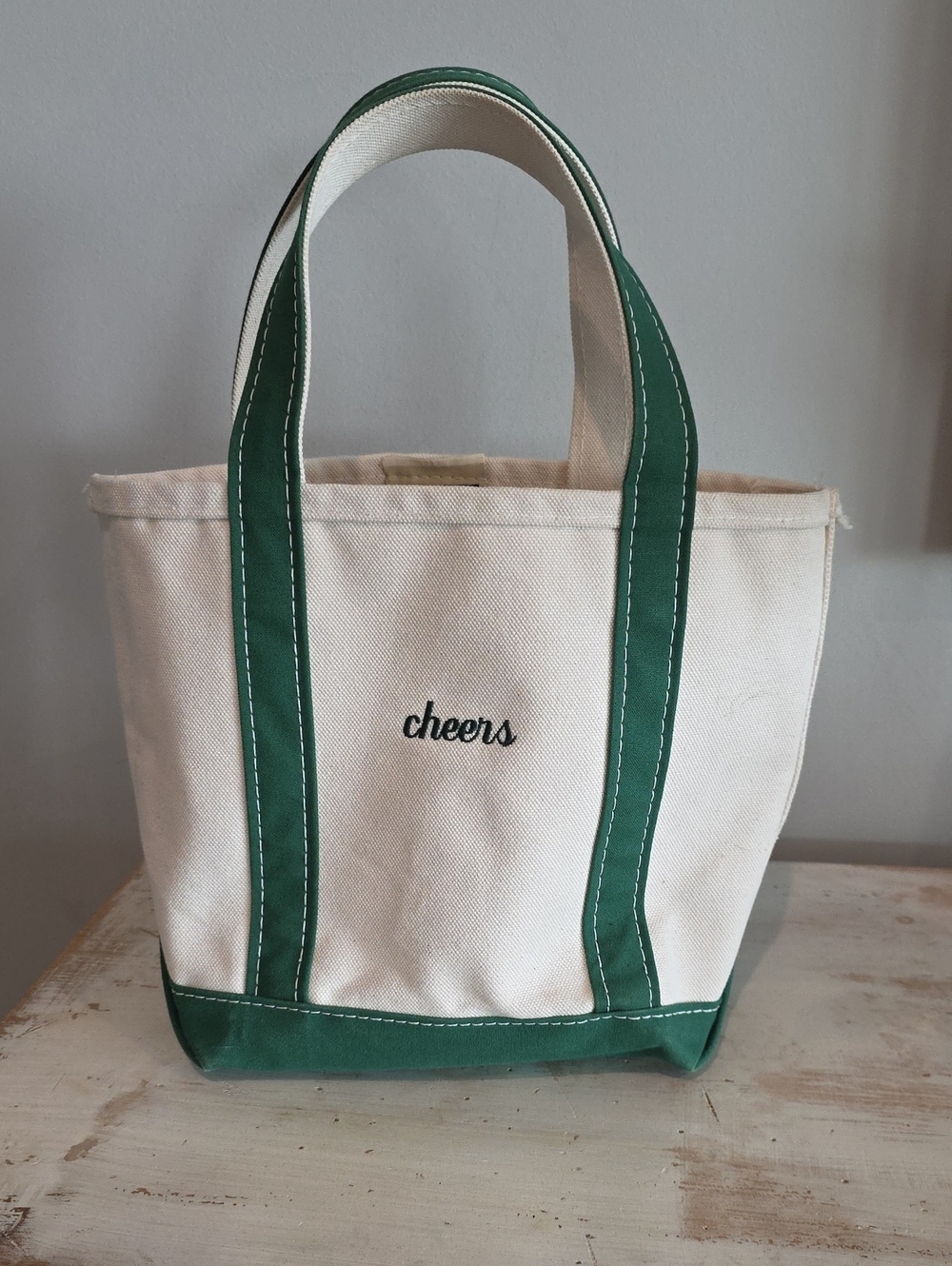 LL Bean Boat And Tote "cheers" Canvas Tote Bag with Green Trim